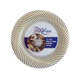 7.5" Round White Plates with Golden Swirl Rim, 10/Pack, 12/Case