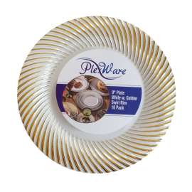 9" Round White Plates with Golden Swirl Rim, 10/Pack, 12/Case