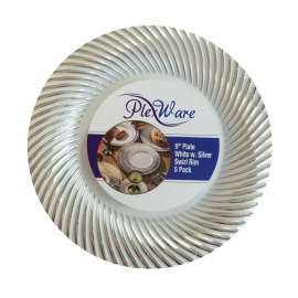 9" Round White Plates with Silver Swirl Rim, 5/Pack, 24/Case