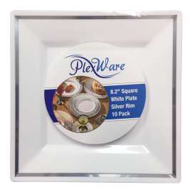 8.2" Square White Plate with Silver Rim, 10/Pack, 12/Case