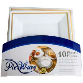 40-piece Set Square White Plates with Golden Rim, 20 Pieces 8.2" & 20 Pieces 9.5", 4/Case