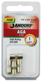 Jandorf 60612 Fast Acting Fuse, 1 A, 250 V, 35 A, 10 kA Interrupt, Glass Body