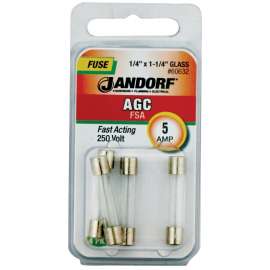 Jandorf 60632 Fast Acting Fuse, 5 A, 250 V, 200 A, 10 kA Interrupt, Glass Body