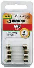 Jandorf 60636 Fast Acting Fuse, 8 A, 250 V, 200 A, 10 kA Interrupt, Glass Body