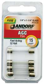Jandorf 60638 Fast Acting Fuse, 15 A, 32 V, 1 kA Interrupt, Glass Body