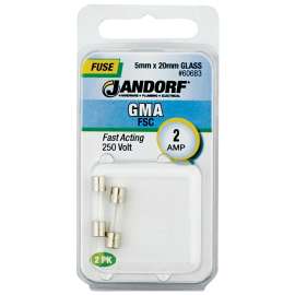 Jandorf 60683 Fast Acting Fuse, 2 A, 250 V, 100 A, 10 kA Interrupt, Glass Body