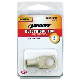 Jandorf 60766 Electrical Lug, 2 AWG Wire, 1/2 in Stud, Copper Contact