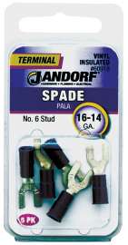 Jandorf 60918 Spade Terminal, 600 V, 16 to 14 AWG Wire, #6 Stud, Vinyl Insulation, Copper Contact, Blue