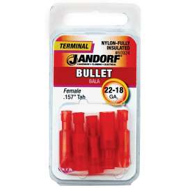 Jandorf 60924 Bullet Terminal, 600 V, 22 to 18 AWG Wire, Nylon Insulation, Copper Contact, Red