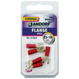 Jandorf 60954 Spade Terminal, 22 to 18 AWG Wire, #6 Stud, Vinyl Insulation, Copper Contact, Red