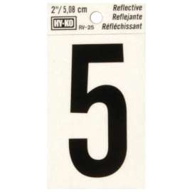 HY-KO RV-25/5 Reflective Sign, Character: 5, 2 in H Character, Black Character, Silver Background, Vinyl