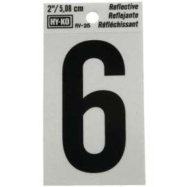 HY-KO RV-25/6 Reflective Sign, Character 6, 2 in H Character, Black Character