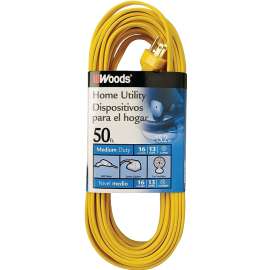 Woods 0832 Extension Cord, 16 AWG Cable, 50 ft L, 10 A, 125 V, Yellow