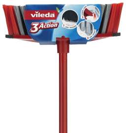 Vileda 3Action 143634 Household Broom, Polyethylene Terephthalate Bristle, Black/Red/Silver Bristle, Steel Handle
