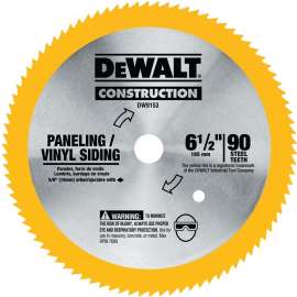 DeWALT DW9153 Circular Saw Blade, 6-1/2 in Dia, 5/8 in Arbor, 90-Teeth, Steel Cutting Edge