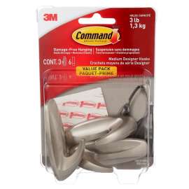 Command 17081BN-3ES Medium Designer Hook, 3 lb, 3-Hook, Plastic, Brushed Nickel