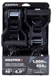 KEEPER 85450 Tie-Down, 1-1/4 in W, 16 ft L, Black, 1000 lb Working Load, J-Hook End