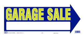HY-KO 22451 Directional Sign, GARAGE SALE (Arrow), Yellow Legend, Blue Background, Plastic, 9 in H x 18 in W Dimensions