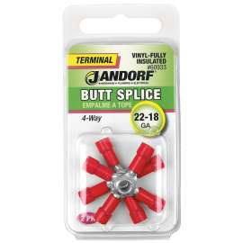Jandorf 60933 Butt Splice Connector, 22 to 18 AWG Wire, Vinyl Insulation, Copper Contact, Red