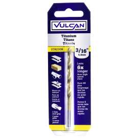 Vulcan Drill Bit, 3/16 In Dia X 3-1/2 In L, Straight Shank, High Speed Steel, Titanium Nitride Coated