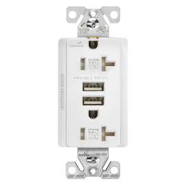 EATON TR7756W-BOX Duplex Receptacle with USB, 2 -Pole, 3, 20 A, 125 VAC, 5 VDC, NEMA: 5-20R, White