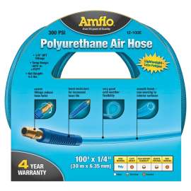 Amflo 12-100E Air Hose, 1/4 in OD, 100 ft L, MNPT, 300 psi Pressure, Polyurethane, Blue
