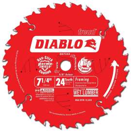 Diablo D0724A Circular Saw Blade, 7-1/4 in Dia, 5/8 in Arbor, 24-Teeth, Carbide Cutting Edge