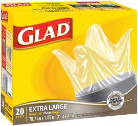GLAD Easy-Tie 30202 Garbage Bag, XL, Plastic, Clear