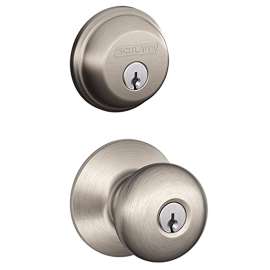 Schlage FB50VPLY619 Combo Dead Bolt, ANSI 2 Grade, Keyed Alike Key, Brass, Satin Nickel, 2-3/8 or 2-3/4 in Backset