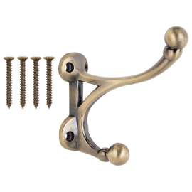 ProSource H-014-AB Coat and Hat Hook, 33 lb, 2-Hook, 1-1/2 in Opening, Zinc, Antique Brass