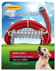 RUFFIN'IT 29230 Cable Tie-Out with Cushioning Spring, Heavy-Duty, Swivel Snap End, 30 ft L Belt/Cable, Steel, Red