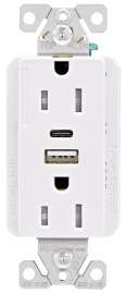 Eaton Cooper Wiring TRUSBAC15 TRUSBAC15W-K-L Receptacle, 2 -Pole, 5 A, 125 VAC, 2 -USB Port, Type A, C USB, White