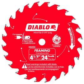 Diablo D0424X Saw Blade, 4-1/2 in Dia, 3/8 in Arbor, 24-Teeth, Applicable Materials: Wood