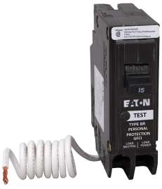 EATON BRN115GFC Circuit Breaker, GFCI, Type BR, 15 A, 1 -Pole, 120 VAC, Center, Long Time, Instantaneous Trip