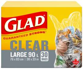 GLAD 30303 Garbage Bag, L, 90 L Capacity, Clear
