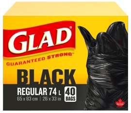 GLAD Easy-Tie 11858 Garbage Bag, Regular, 67 L Capacity, Plastic, Black