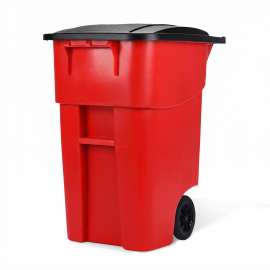 PLASTIC PRINCE 50 Gallon Wheeled Outdoor Garbage Can with Lid, Red, Large Rolling Trash Bin for Home, Office, Garage