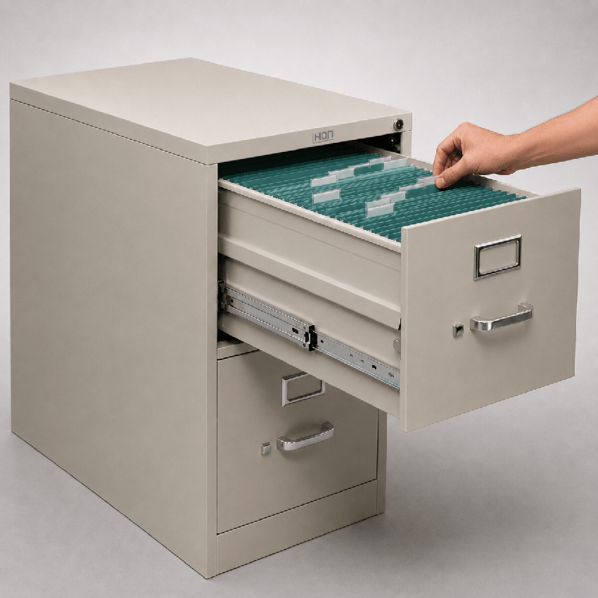 Hand reaching a file in the fully extended HON 310 Series drawer