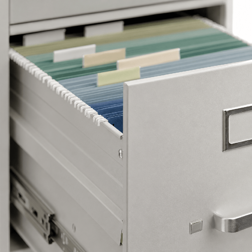 Letter hanging folders with index tabs on high steel drawer sides