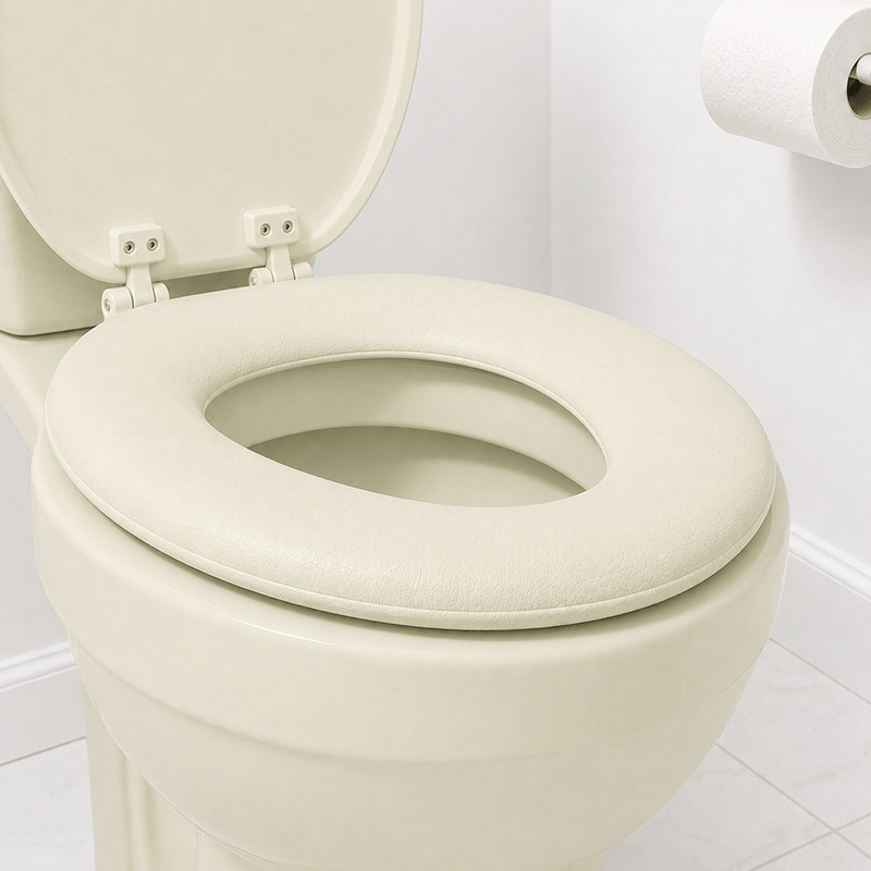 Close-up of padded cushioned beige toilet seat by Plexon