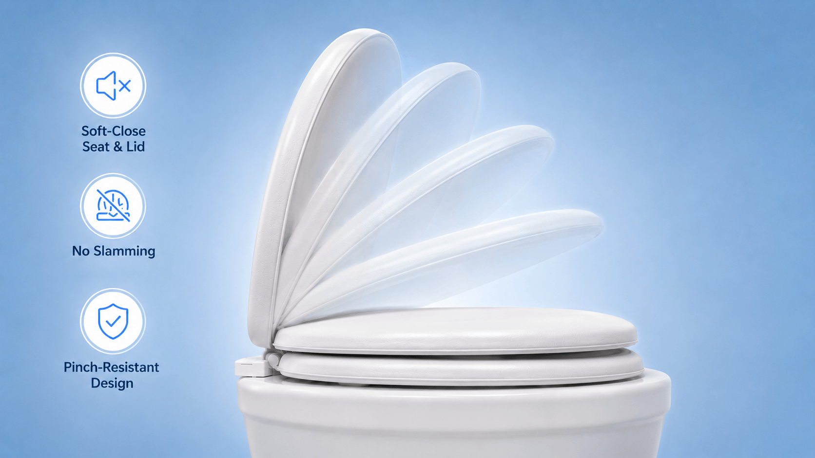 Soft-close elongated toilet seat gently closing
