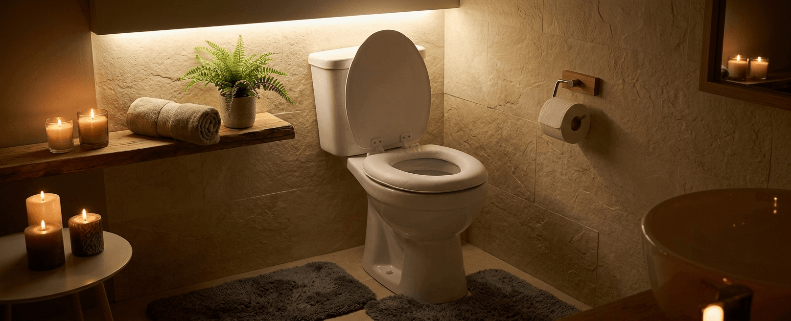 Soft white Plexon toilet seat in bathroom
