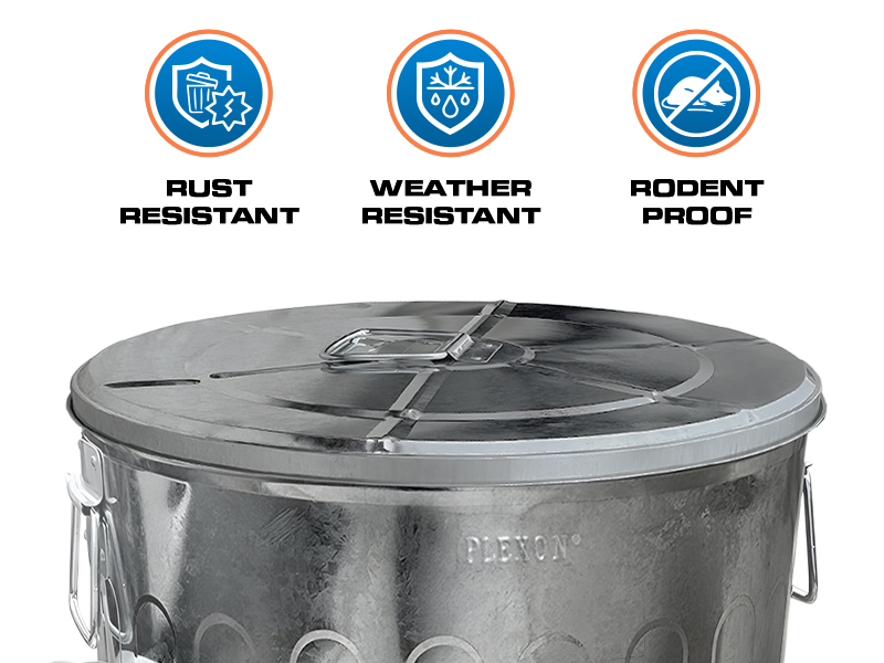 Galvanized trash can with weather resistant rust resistant and rodent proof features