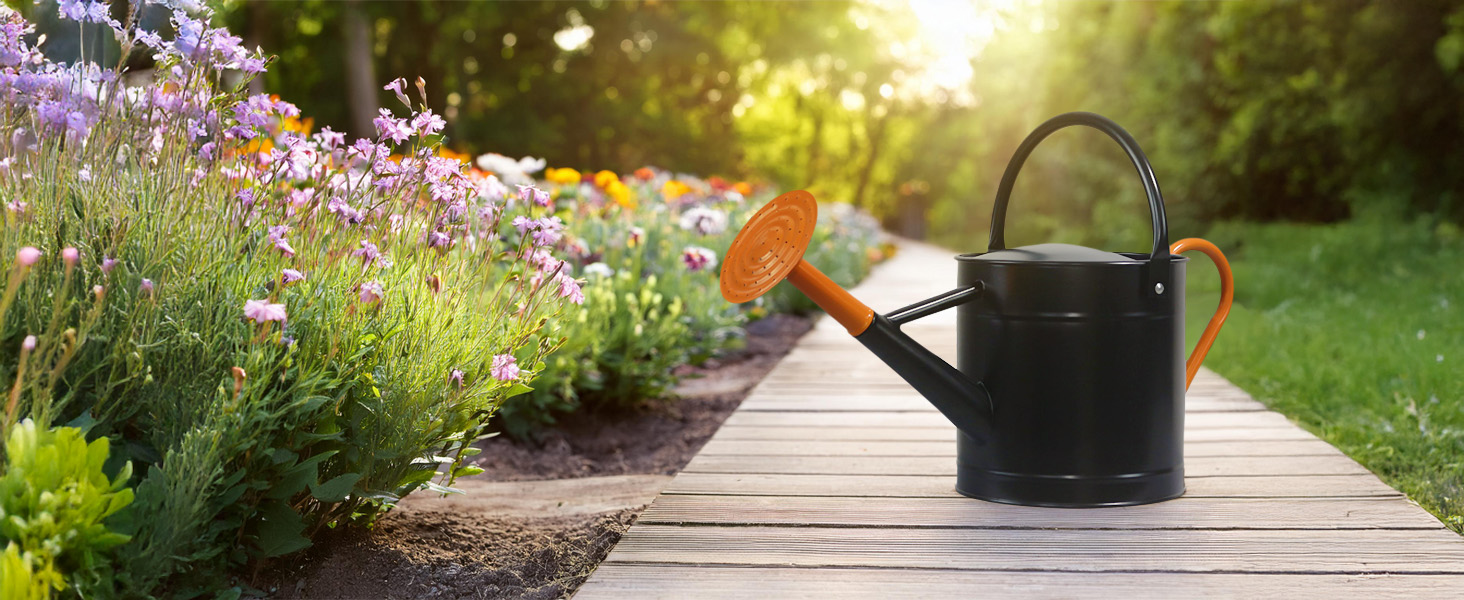 Black 1 gallon metal watering can with orange handles