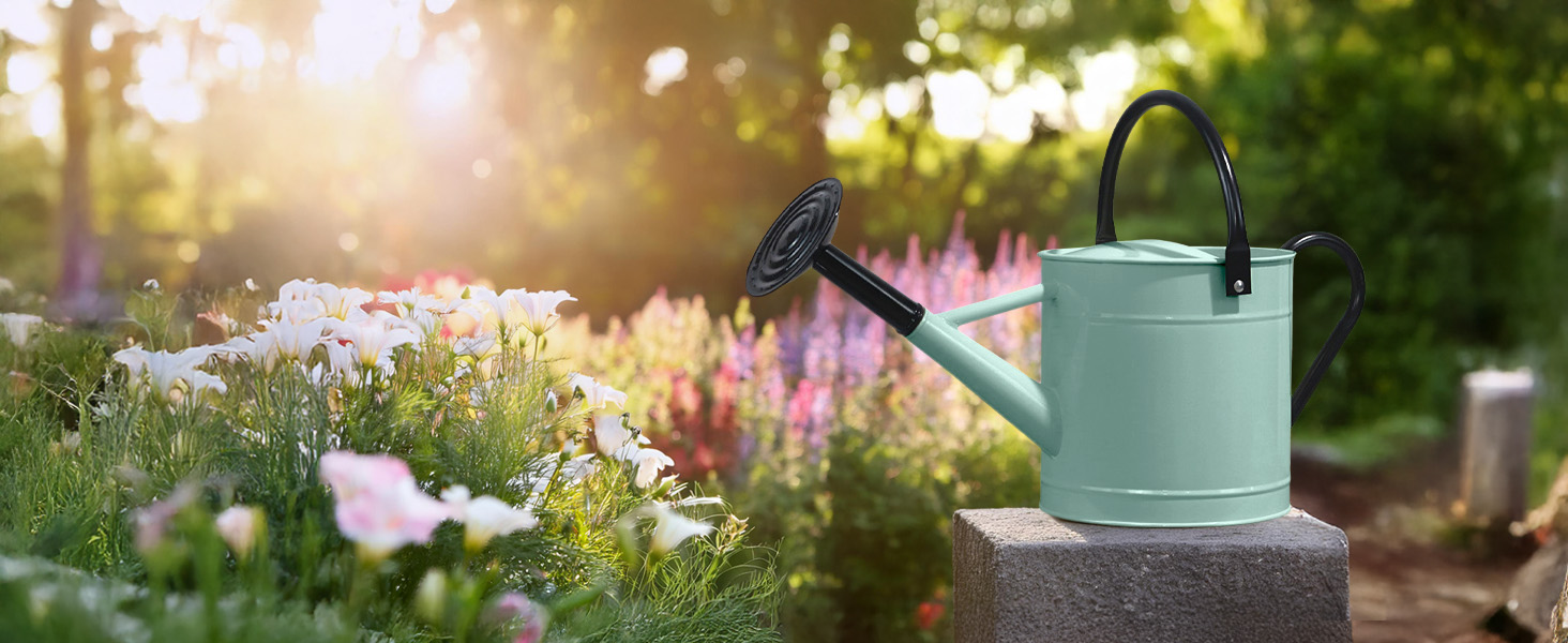 Aqua mist blue 1 gallon metal watering can with black handles