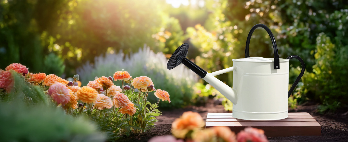 Off-white 1 gallon metal watering can with black handles