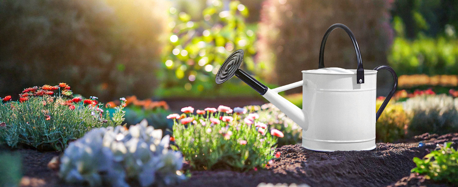 White 1 gallon metal watering can with black handles
