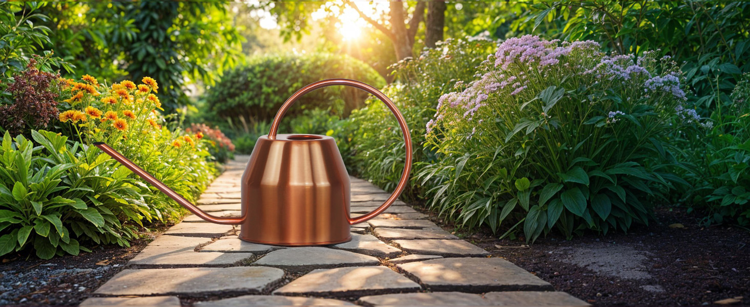 Rose gold watering can in garden and yard setting