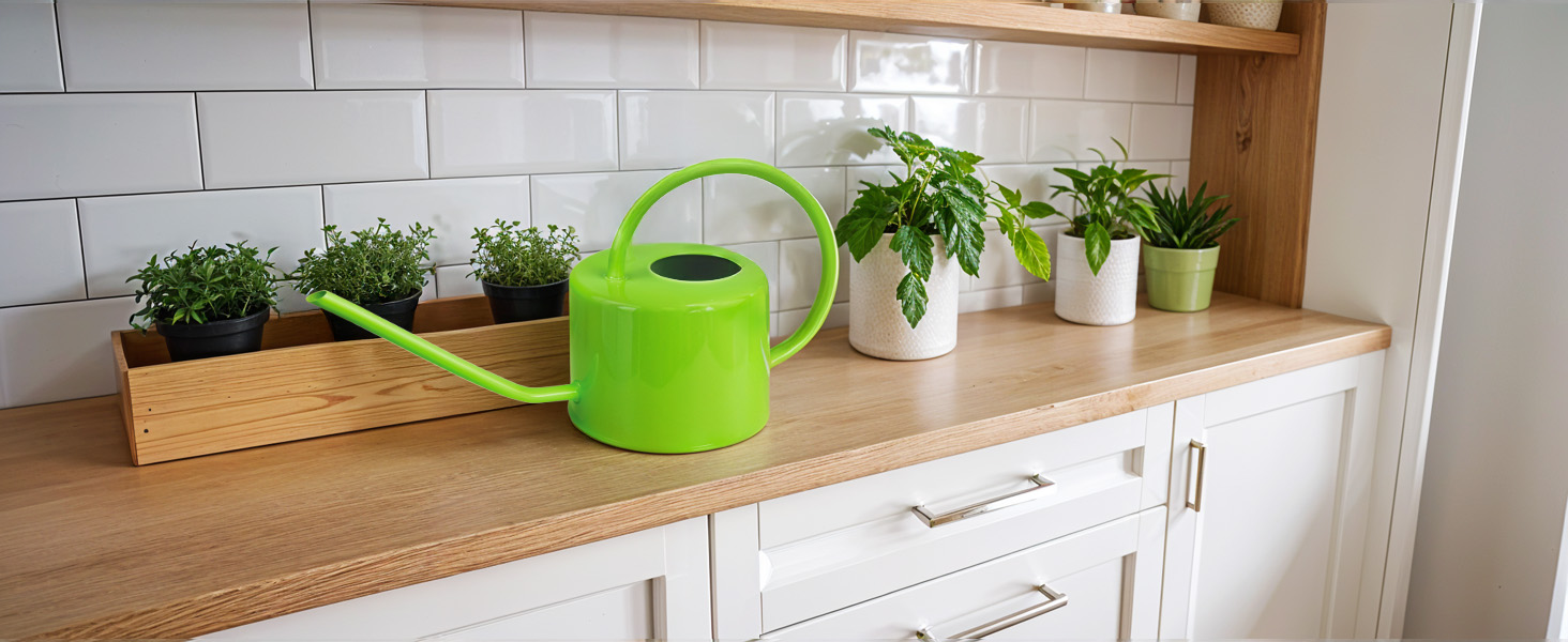 Green watering can in dining room and kitchen setting