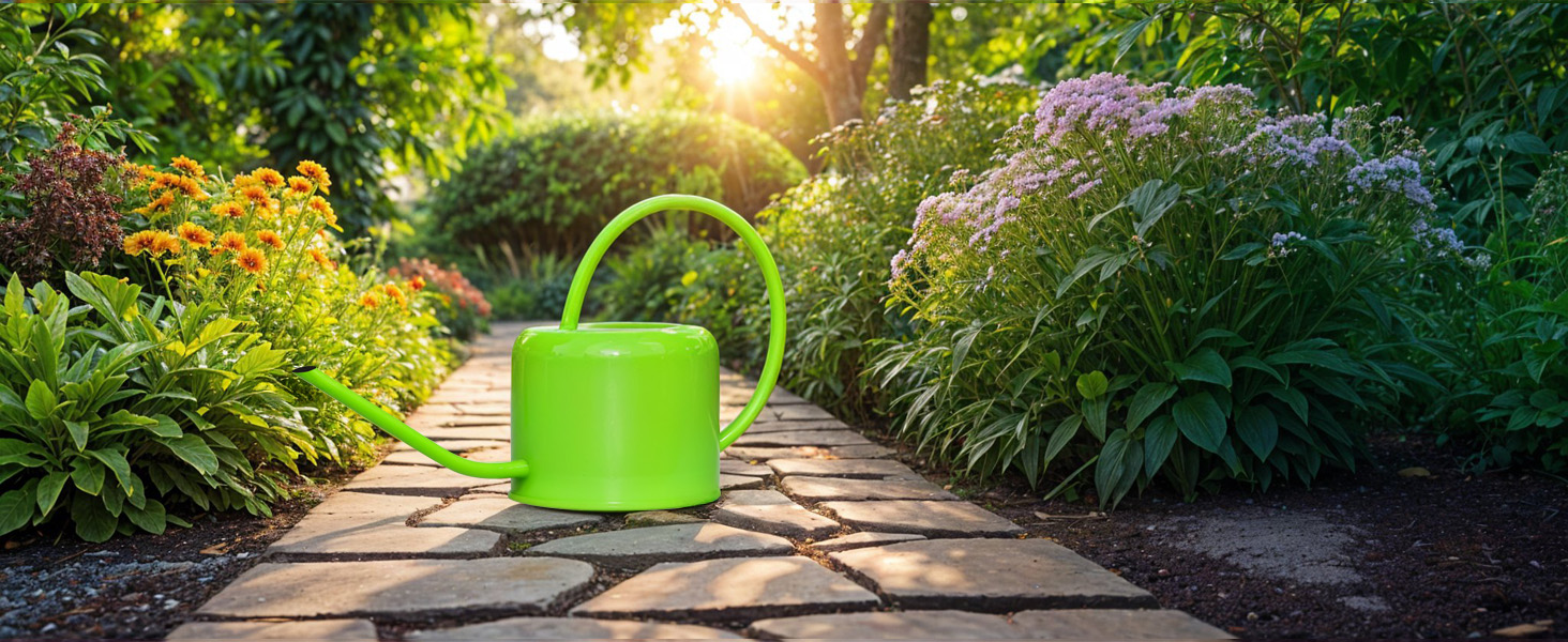 Green watering can in garden, yard and patio setting